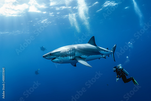 A man in a wet suit is swimming with a shark