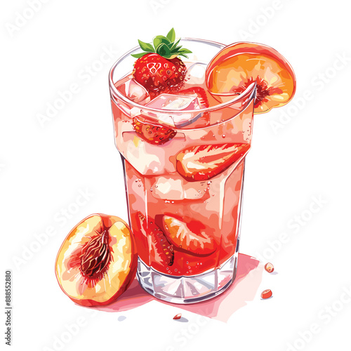 Watercolor illustration of a refreshing summer drink with peaches and strawberries, perfect for a summer cocktail or mocktail menu.