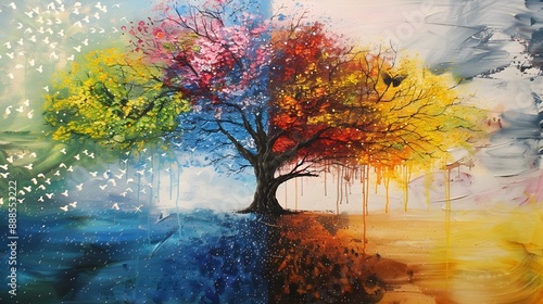 Artwork showcasing a tree across four seasons