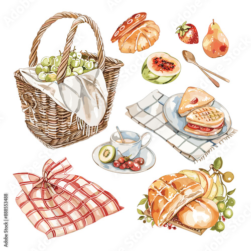 Watercolor picnic set with basket, blanket, fruits, sandwiches, croissant, grapes and drinks. Romantic illustration for menu design, cards and packaging.