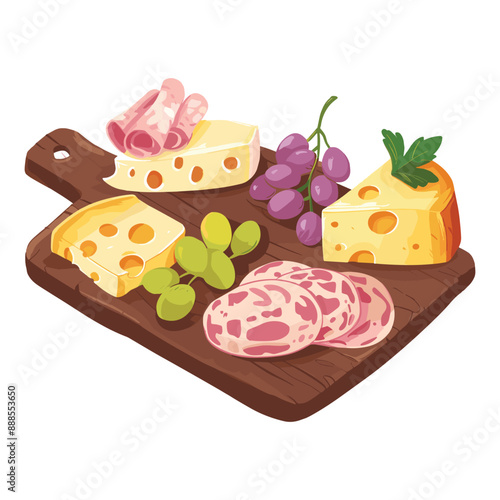A delicious cheese and meat platter with grapes, perfect for a party or special occasion. The platter is arranged on a wooden board, giving it a rustic and elegant touch.