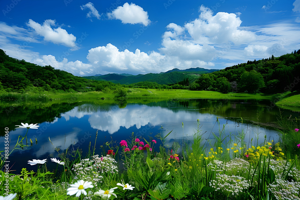 Tranquil Lake Surrounded by Forest with Wildflowers in Foreground and Rolling Hills Under a Clear Blue Sky with Fluffy Clouds Tranquil Lake Surrounded by Forest with Wildflowers in Foreground and Rolling Hills Under a Clear Blue Sky with Fluffy Clouds