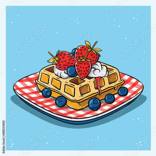 Delicious waffle with strawberries, blueberries, and whipped cream, illustration on blue background. Perfect for menu, recipe, or food blog.