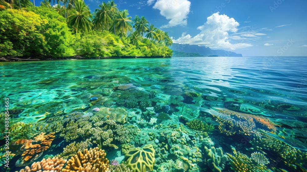 Idyllic island paradise with coconut palms, clear waters, and a vibrant coral reef AI generated