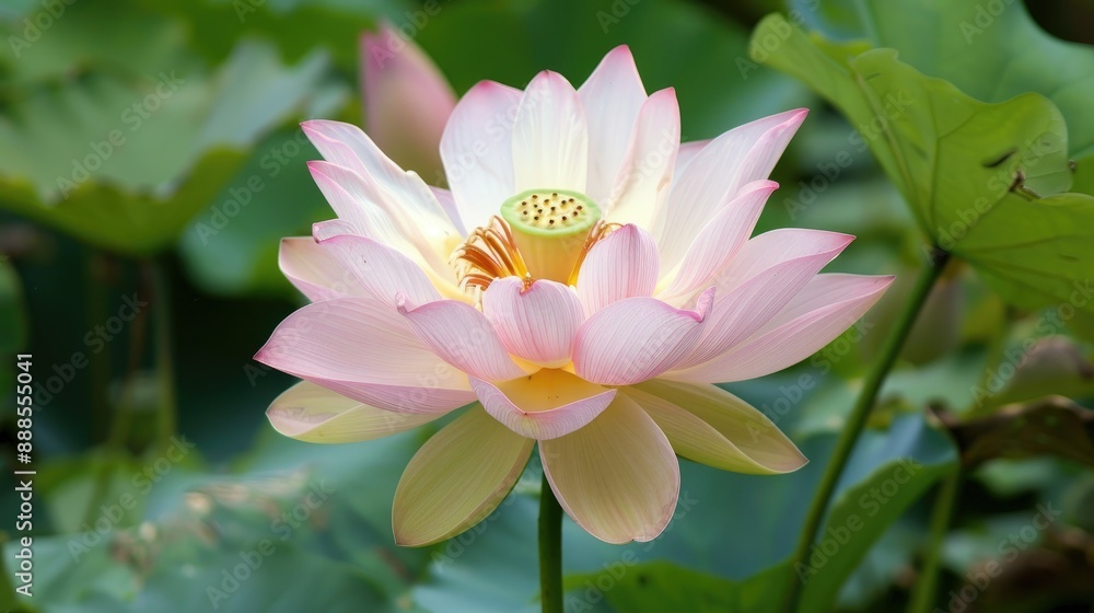 Fototapeta premium Lotus flower with soft pink petals and a bright yellow center AI generated