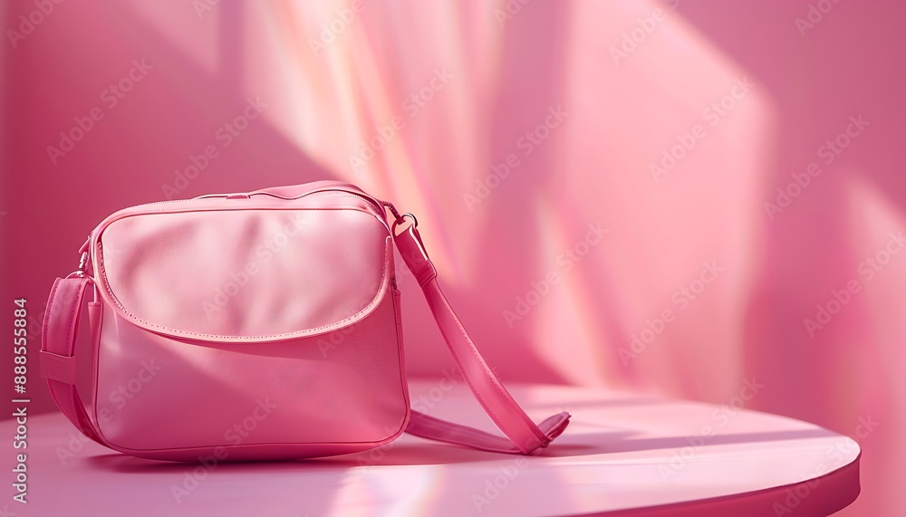 Pink bag on table with pink backdrop, minimalist and realistic style. Pink bag on table with pink backdrop, minimalist and realistic style.