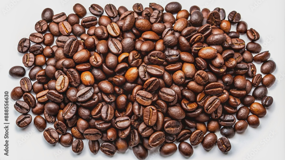 Obraz premium Close-up of roasted brown coffee beans scattered on a white background