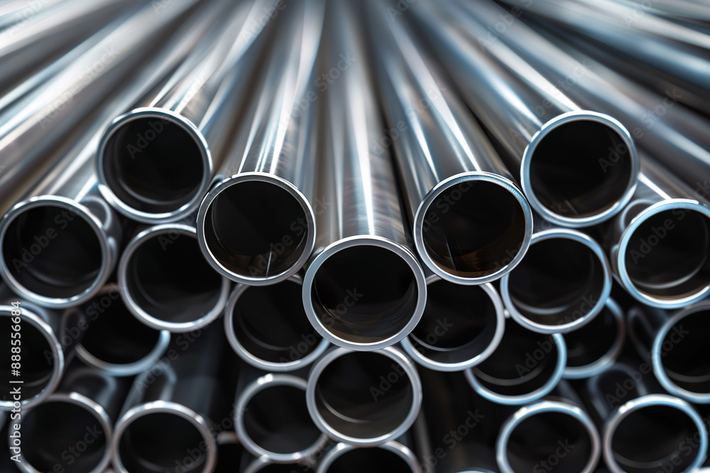 A stack of metal pipes with a metallic sheen. A stack of metal pipes with a metallic sheen.