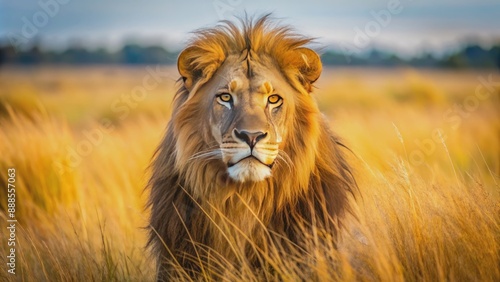 Majestic male lion with shaggy mane gazes intensely into the camera amidst the savannah's golden grass and acacia trees backdrop.