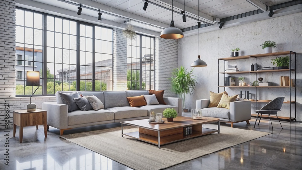 Sleek modern living room features minimalist decor, crisp white canvas backdrop, sparse furniture arrangement, and industrial-chic urban aesthetic atmosphere. Sleek modern living room features minimalist decor, crisp white canvas backdrop, sparse furniture arrangement, and industrial-chic urban aesthetic atmosphere.