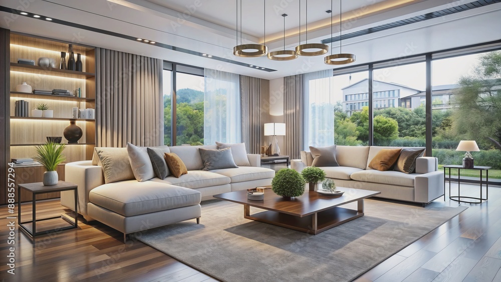 Elegant minimalist living room with sparse refined furniture set against pristine white canvas backdrop exuding serenity and modern sophistication. Elegant minimalist living room with sparse refined furniture set against pristine white canvas backdrop exuding serenity and modern sophistication.
