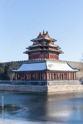 winter sonw view of the corner tower and moat of the Forbidden city photo