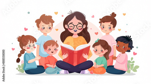 A woman is reading a book to a group of children. The children are sitting in a circle around her