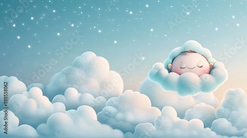 A cartoon baby is floating in a fluffy cloud. The sky is filled with clouds and stars. The baby is sleeping peacefully, and the scene has a calm and serene mood