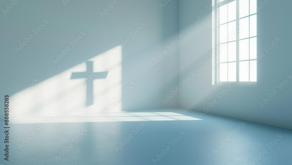White empty room with a cross on the wall made by shadow from the light entering from the window. 3D rendering image. Religious and spirituality concept. White empty room with a cross on the wall made by shadow from the light entering from the window. 3D rendering image. Religious and spirituality concept.