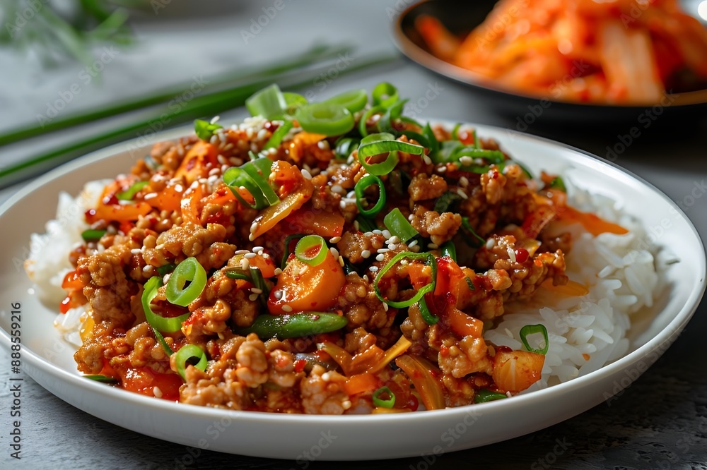 Asian-style stir-fry with meat and vegetables in sauce served on an easy-to-eat plate. Asian-style stir-fry with meat and vegetables in sauce served on an easy-to-eat plate.