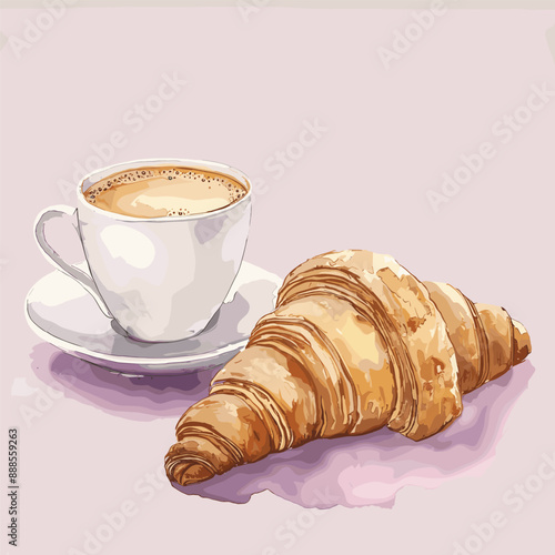 A delicious cup of coffee and a freshly baked croissant for a perfect breakfast or morning snack.