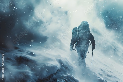 Wearing thick clothing and carrying a backpack and alpine sticks, a mountaineer climbs a difficult mountain near the top of a high, snow-covered mountain in a bitter snowstorm.
