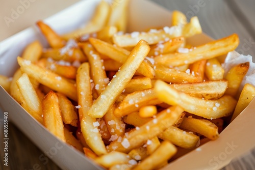 A perfectly crisp Frybox filled with golden fries, glistening with salt and captured in HD.