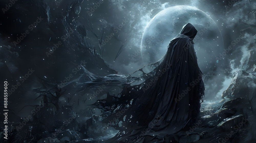 A hooded wanderer walking on a windy, foggy stony mountain on a moonlit night. A hooded wanderer walking on a windy, foggy stony mountain on a moonlit night.