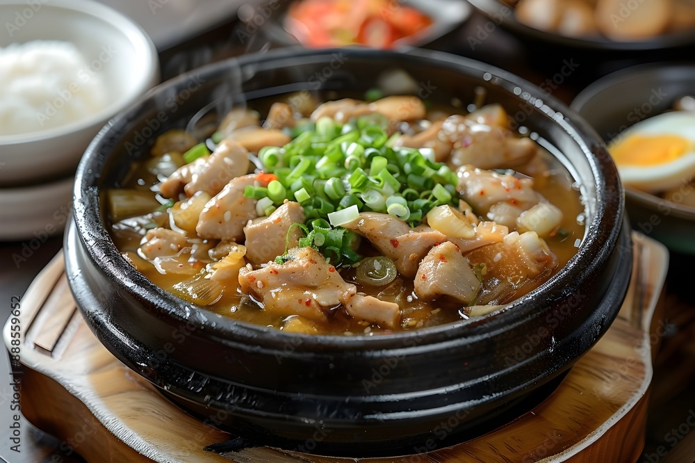 A photo showing a delicious Asian-style stew made by boiling well-prepared chicken and various healthy herbal ingredients in broth to help restore energy, served in an earthen pot. A photo showing a delicious Asian-style stew made by boiling well-prepared chicken and various healthy herbal ingredients in broth to help restore energy, served in an earthen pot.