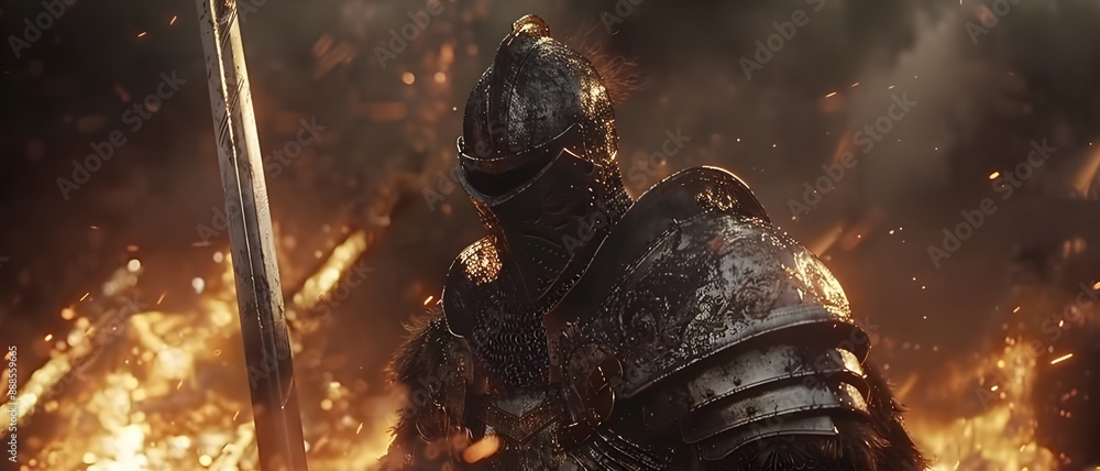 Obraz premium A faceless wanderer resting against a tree in the forest, wearing an old, black, tattered hood in a fantasy world.