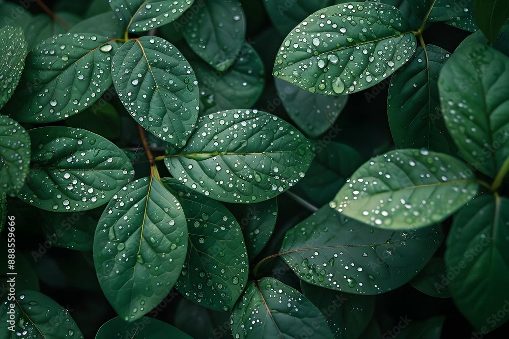 A photo that fills the screen with fresh green broadleaf tree leaves that are wet with rain or dew and forming water droplets. A photo that fills the screen with fresh green broadleaf tree leaves that are wet with rain or dew and forming water droplets.