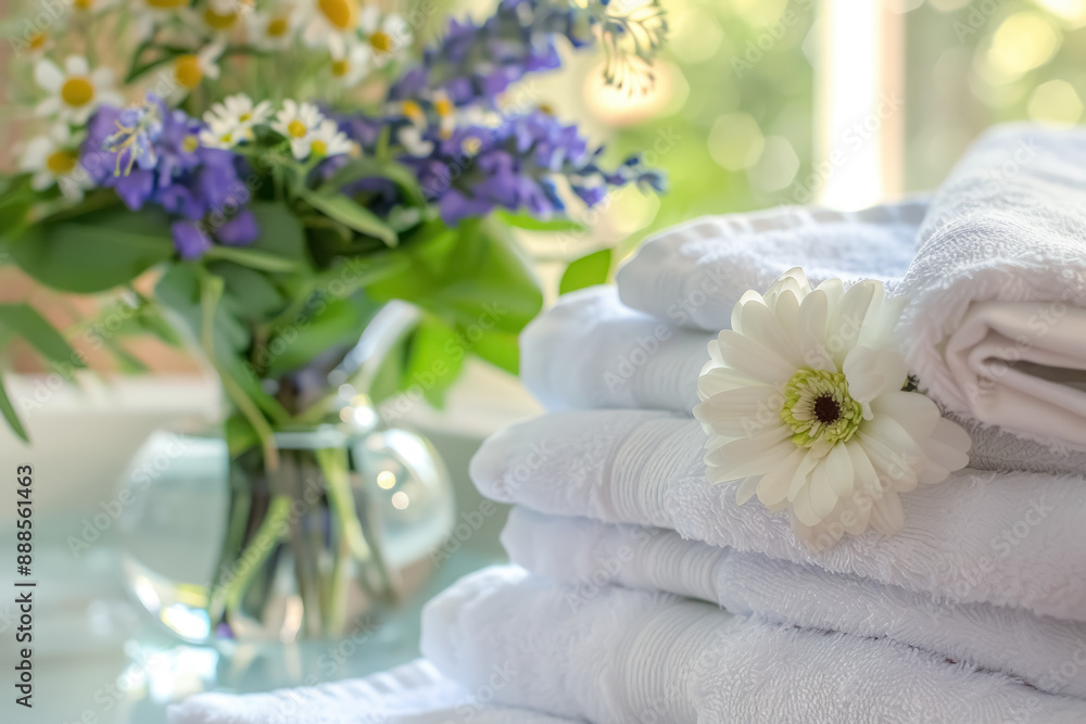 freshly laundered white towels with daisy flower spa wellness concept freshly laundered white towels with daisy flower spa wellness concept