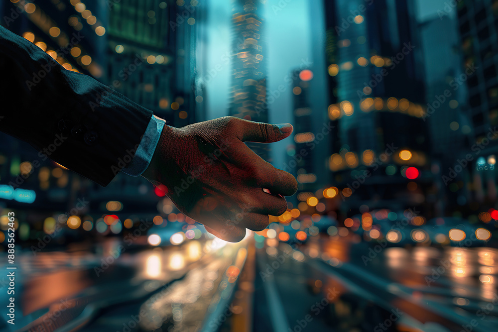 Two men shaking hands in front of a city skyline. Two men shaking hands in front of a city skyline.