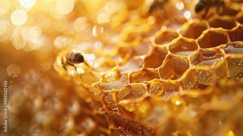 Close-up of Bees Working on Honeycomb, Showcasing Intricate Patterns and Textures. Detailed Capture of Colors and Shapes within Each Cell, Emphasizing Natural Beauty with Clear Lighting to Highlight