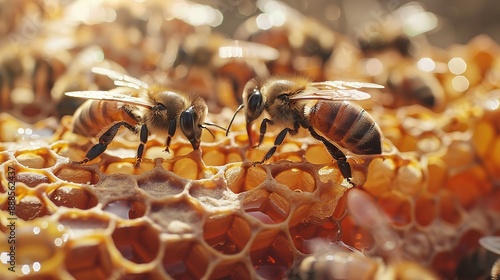 Close-up of Bees Working on Honeycomb, Showcasing Intricate Patterns and Textures. Detailed Capture of Colors and Shapes within Each Cell, Emphasizing Natural Beauty with Clear Lighting to Highlight