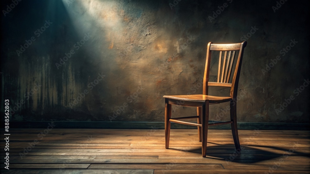 Old wooden chair placed in a dimly lit room , vintage, furniture, interior, retro, aged, antique, classic, home decor Old wooden chair placed in a dimly lit room , vintage, furniture, interior, retro, aged, antique, classic, home decor