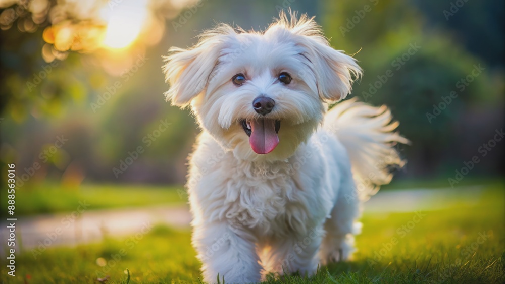 Adorable small fluffy white canine with floppy ears and wagging tail sticking out blue-black tongue in playful expression. Adorable small fluffy white canine with floppy ears and wagging tail sticking out blue-black tongue in playful expression.