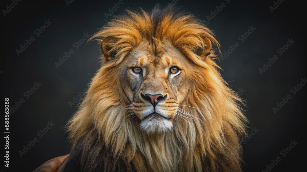 Fototapeta premium Magnificent male African lion with majestic mane and piercing eyes stares intensely against a dark black background solo.