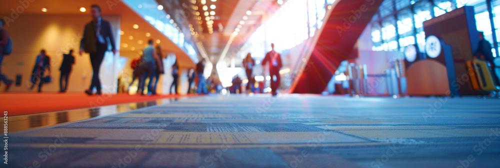 Naklejka premium Blurred image of people walking on carpet floor.
