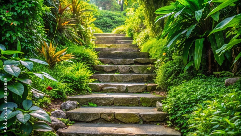 Stone steps surrounded by lush greenery on background, stone, steps, stairs, lush, greenery,background, nature, outdoor, garden Stone steps surrounded by lush greenery on background, stone, steps, stairs, lush, greenery,background, nature, outdoor, garden