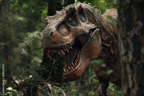 Tyrannosaurus rex roams in the prehistoric jungle. T rex head close up. Photorealistic illustration