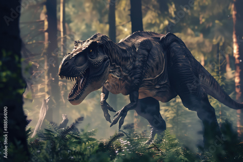 Tyrannosaurus Rex dinosaur roaming through a prehistoric jungle. A photorealistic depiction of a massive T-rex
