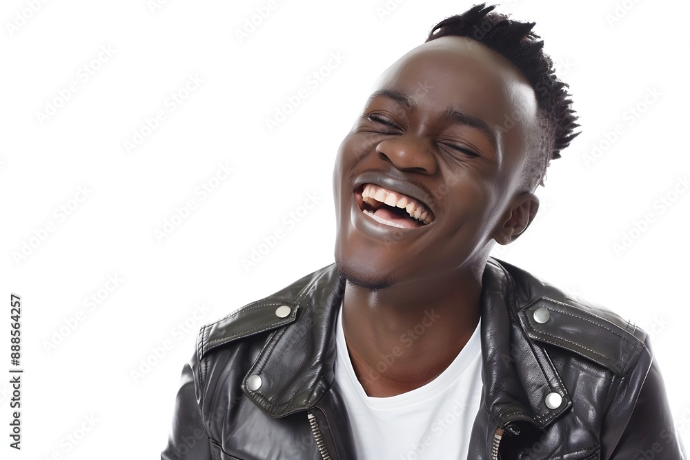 Young man in a leather jacket smiling joyfully against a white background Young man in a leather jacket smiling joyfully against a white background