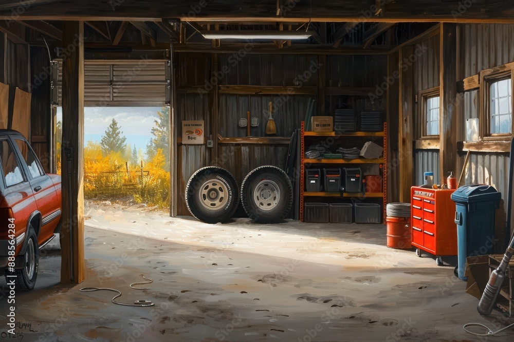 Cozy rustic garage interior with open door, tools, and vintage car; serene autumn landscape outside. Perfect for DIY and automotive themes. Cozy rustic garage interior with open door, tools, and vintage car; serene autumn landscape outside. Perfect for DIY and automotive themes.