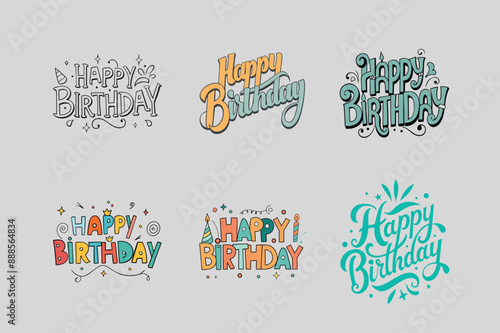 Happy Birthday Calligraphic Greeting Cards Set | Typography Lettering with Hand-Drawn Elements