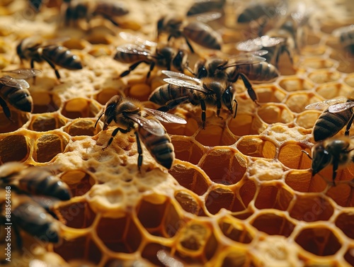 Close-up of Bees Working on Honeycomb, Showcasing Intricate Patterns and Textures. Detailed Capture of Colors and Shapes within Each Cell, Emphasizing Natural Beauty with Clear Lighting to Highlight photo