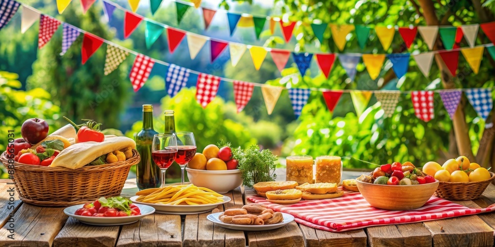 Fototapeta premium Vibrant image of a festive Ferragosto celebration with traditional Italian food and decorations, Ferragosto, celebration, Italy