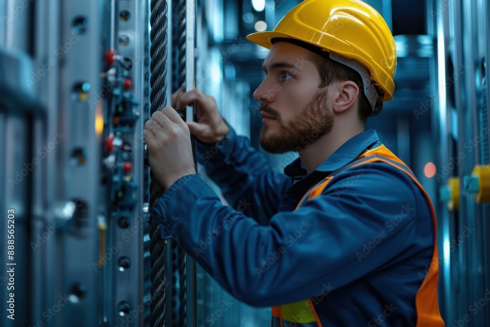 Engineer with helmet inspecting electrical equipment in a data center, focused on safety and accuracy. Modern technology and infrastructure. Engineer with helmet inspecting electrical equipment in a data center, focused on safety and accuracy. Modern technology and infrastructure.
