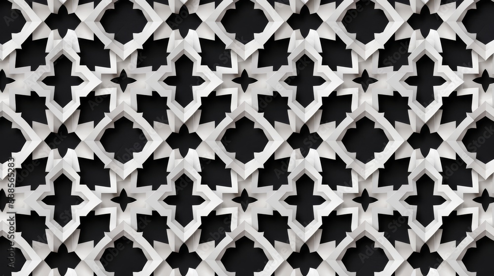 Detailed ethnic pattern with geometric stars and hexagons in contrasting black and white