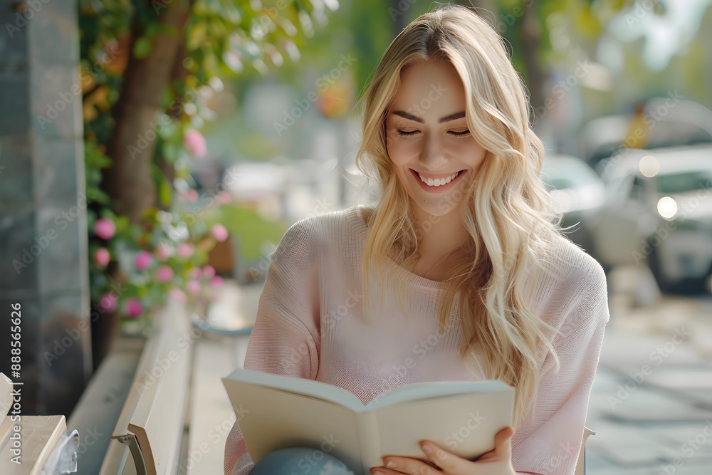 Young blonde woman reading an interesting book outside on a sunny day, enjoying a peaceful moment. Young blonde woman reading an interesting book outside on a sunny day, enjoying a peaceful moment.