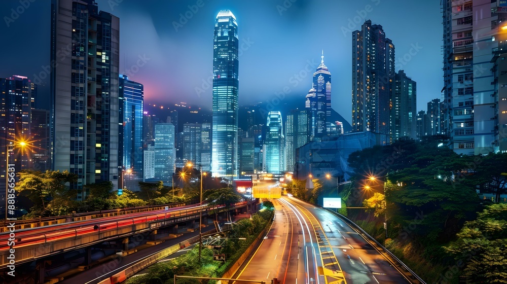 Fototapeta premium Illuminated skyscrapers at night street