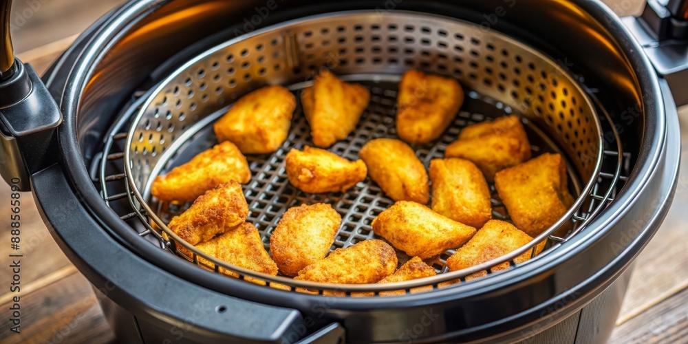 Close up of crispy food cooking inside an air fryer, air fryer, cooking, kitchen appliance, fried, food, crispy, golden Close up of crispy food cooking inside an air fryer, air fryer, cooking, kitchen appliance, fried, food, crispy, golden