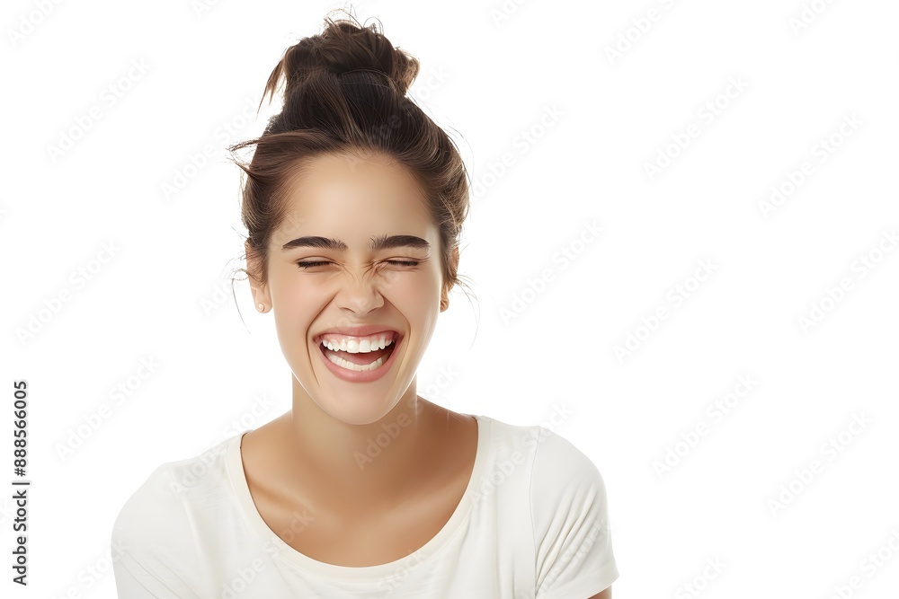 Young woman wearing a white shirt laughing joyfully against a plain white background. Young woman wearing a white shirt laughing joyfully against a plain white background.