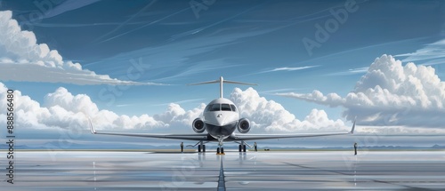 Sleek private jet on tarmac with stunning cloudscape, ready for takeoff under a vibrant blue sky. Luxurious travel and aviation concept.